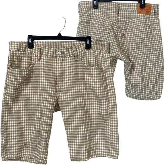 Levi's 504 Men's Size 36 10" Standard Straight Leg Plaid Denim Shorts Tan White - Picture 1 of 13
